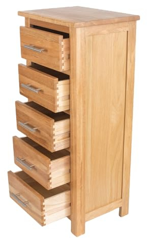 PooBa OAK 5 Drawer Wooden Bedroom Chest Cabinet 5-Drawer Storage Organizer Unit 32 x 42 x 92 cm