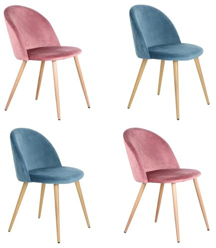 BenyLed Lot de 4 Chaises de Salle à Manger Rembourrées avec Dossier en Velours Doux et Pieds Réglables en Métal Style Bois (Bleu+Rose)
