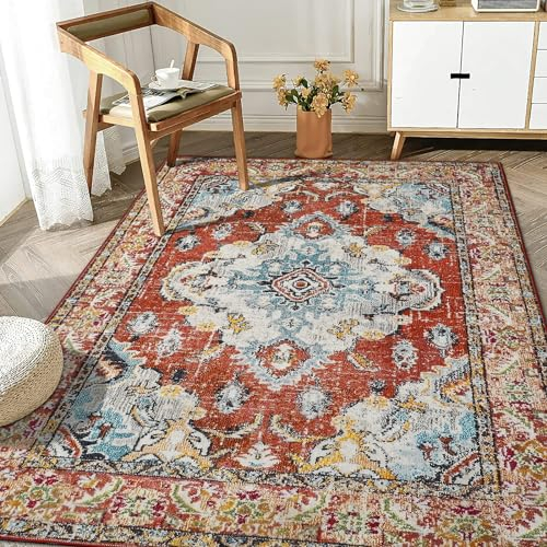 WONGS BEDDING Boho Teppich Wohnzimmer Schlafzimmer Kurzflor Teppiche Waschbar Weich rutschfest Vintage Design