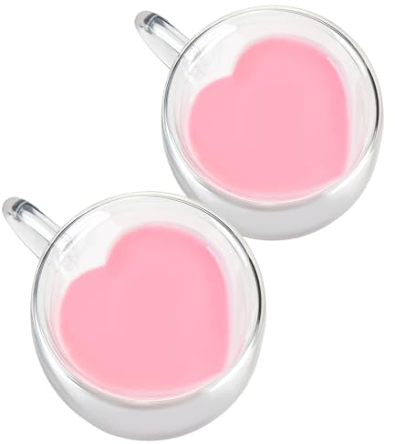 WHJY Double Wall Glass Coffee Mugs，Clear Coffee Cups Clear Unique Coffee Cups Heart Shaped Mug 10 oz Espresso Cups Heart Mugs Set of 2