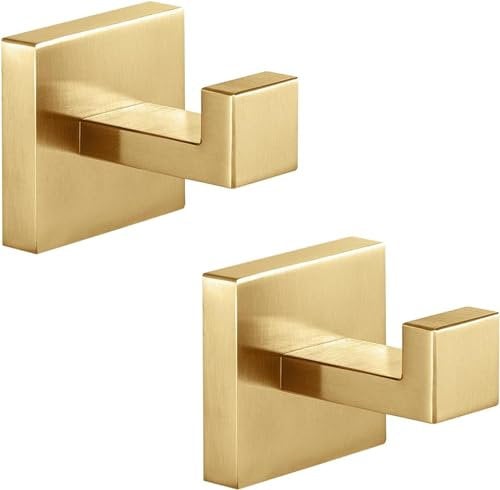 QNIIAED 2 Pcs Square Bathroom Towel Hook,Metal Coat Hook Wall Mounted Robe Hook SUS 304 Stainless Steel Heavy Duty Door Hanger Hook Screw in for Bedroom or Kitchen(Brushed Brass Gold)