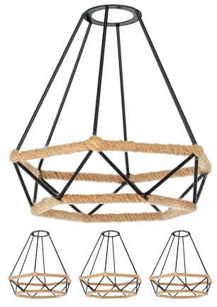 ledscom.de 4 Stück Käfig Lampenschirm mit Hanfseil, Diamant, schwarz, 200mm Ø