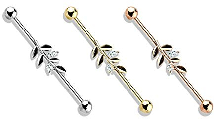 beyoutifulthings Industrial-Piercing SET Gold Silber Roségold Blätter Clear Industrial-Barbell Industrial-Bar Chirurgenstahl Stab-länge 38-mm