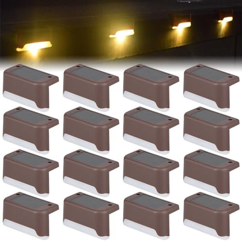Solar Lights Outdoor, 16 Pieces Solar Fence Lights Waterproof Solar Deck Lights Warm White Solar Stair Lights Outdoor Solar Step Lights Waterproof Solar LED Lights for Railing Wall Garden Backyard