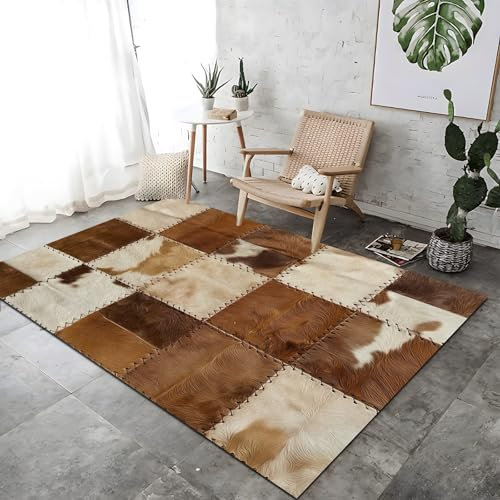 Tapis Texture Patchwork pour Salon 60 x 120 cm À Rayures en Cuir De Vache avec Dos Antidérapant, Pile Courte et Douce pour Cuisine Salle à Manger Bureau Chambre, Multicolore