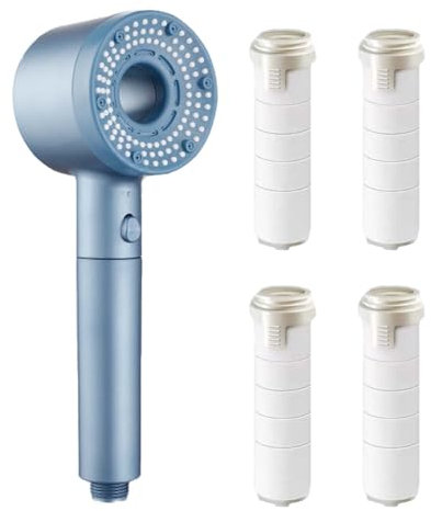JRYGAC Duschkopf mit Filter mit 4 PP Filter, Shower Head Filter mit 5 Strahlarten, Hochdruck Duschkopf Wassersparend, Chrom Antikalk für Hartes Wasser, Rest Chlor, Bakterien (Blau)