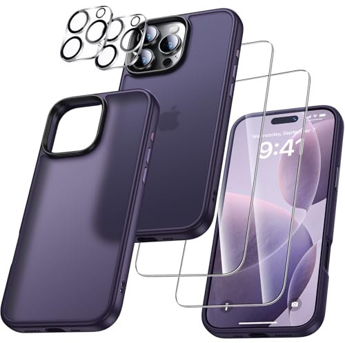 UniqueMe für iPhone 16 Pro Hülle, 5-in-1-Set Handyhülle für iPhone 16 Pro Case Rundumschutz Schutzhülle Cover,1 Handyhülle & 2 Schutzfolie & 2 Kameraschutz - Matt Lila