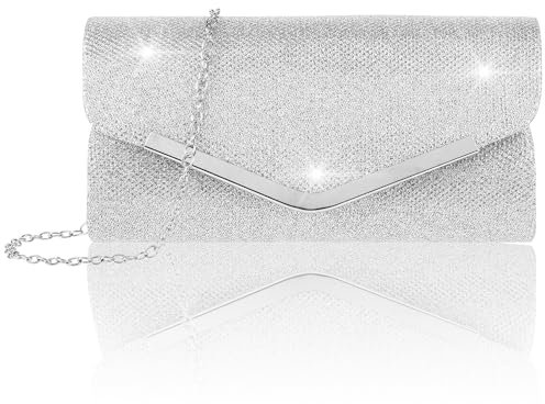 Lusofie Damen Clutch Elegant Glänzende Pailletten Abendtasche Clutch mit Abnehmbarer Kette Clutch Silber Damen Handtaschen für Hochzeiten Partys Bankette und Urlaub Passende Kleidung