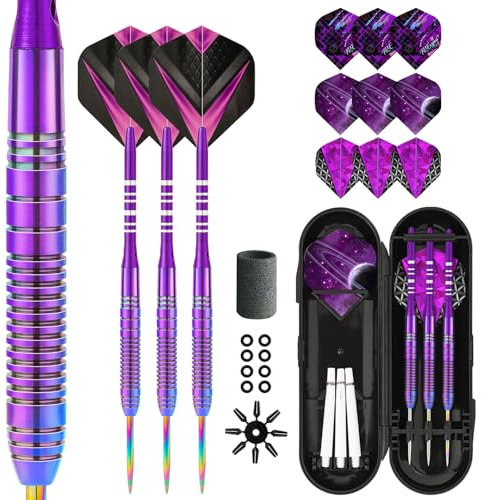 Trecynd Profi 90% Tungsten Steel Tip Dartpfeile Set, 90% Tungsten Steel Darts mit Metallspitze 3er Set Aluminium Schaft und Extra Dart Flights (lila)