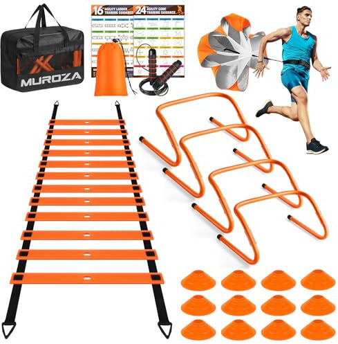 Agility Ladder Speed Training Equipment Set-20ft Agility Ladder,12 Soccer Cones,4 Hurdles, Jump Rope, Running Parachute, Basketball Football Soccer Training Equipment for Kids, Youth, Adults(Orange)