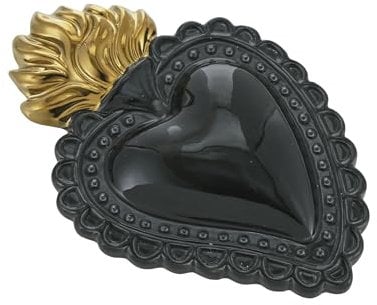 Baroni Home Cuore Sacro Ex-Voto in Ceramica Dipinta a Mano con Fiammella, Arte Sacra Tradizionale, Decorazione da Parete per la Casa, Nero, 16x11 cm
