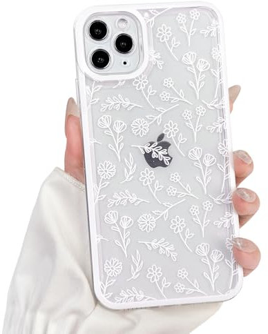NITITOP Compatible with iPhone 11 Pro Case Cute Clear White Durable Flower Floral Leave for Girls Women Soft TPU Transparent Colourful Frame Full Camera Lens Shockproof Protective Cover - White