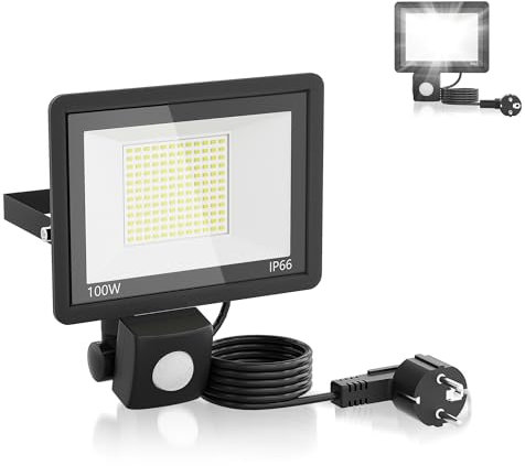 AufuN LED Strahler mit Bewegungsmelder, 100W 3500LM Außenstrahler 6500K Kaltweiß Superhell Scheinwerfer Fluter IP66 Wasserdichter, Aussenlampe für Garten, Innenhöfe, Garage mit Stecker