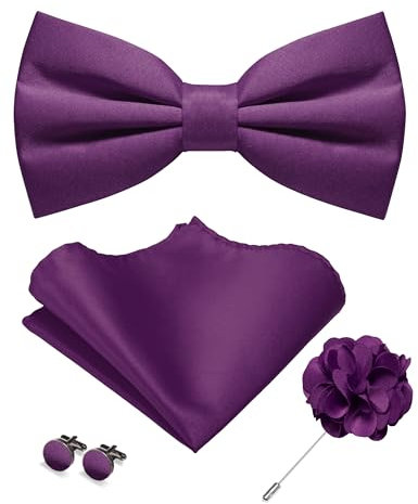 JEMYGINS Herren Matte Einfarbige Fliege mit Taschentuch Manschettenknöpfen und Ansteckblume Set tiefes Lila