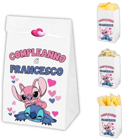 Auguriando 25 Sacchettini Compleanno Bambini Personalizzati Sacchetti Dopo Festa Regalo Personaggi Sacchetto Carta Regali dopofesta Caramelle Alimenti (Stitch)