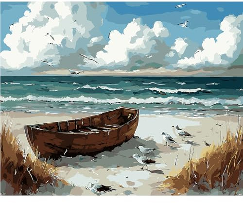 MXJSUA Peinture par Numéros pour Adulte, DIY Peinture Acrylique pour Adultes Débutants Facile sur Toile 40×50 cm avec peintures et pinceaux, Bateau Sur La Plage (sans Cadre)