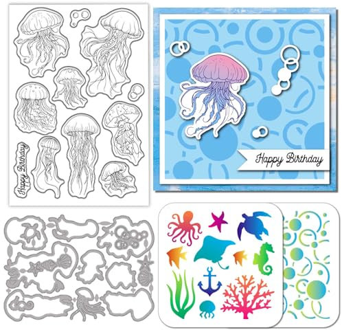 GLOBLELAND Ozean Quallen Clear Stamps Schneidematten PET Malvorlagen Für Kartenherstellung Sommerblasen Silikonstempel Metallgrußstanzen PET Farbvorlagen Für DIY Scrapbooking
