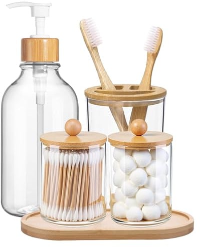 5 Pack Bamboo Bathroom Accessories Set with Tray - Plastic Soap Dispenser Clear Toothbrush Holder and 2 Qtip Holder Cotton Ball Container Jar