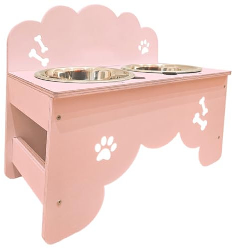 MINDWOOD Porta Ciotole Personalizzato Rialzato per Cani e Gatti con 2 Ciotole in Acciaio Inox, Taglie da Toy a Maxi, in Legno Naturale, Design Elegante Made in Italy (Rosa, Piccola)