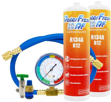 Gas Refrigerante Organico para Aire Acondicionado Coche Ralerfresh RF equivalente a 1000gr sustituto de los gases R134a y R12 (2 Botellas + Manometro con manguera + 1 Conector)