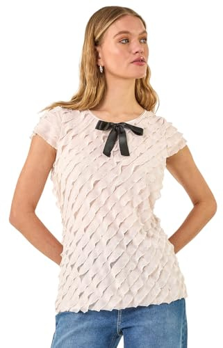 Roman Originals Bow Front Frilled Top for Women UK - Ladies Everyday Holiday Spring Summer Round Neckline Comfy Soft Evening Vacation Work Party - Light Pink - Size 14