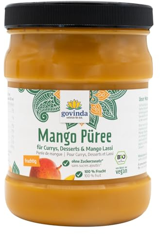 Govinda Mango Püree aus Alphonso-Mangos (975 ml) – 100 % Frucht, ohne Zuckerzusatz I für Smoothies, Desserts, Saucen & Cocktails – Herkunft Indien, abgefüllt in Deutschland