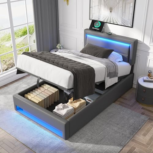 okwish Polsterbett 90x190 cm Jugendbett mit USB & Kabelloses Laden, LED Funktionsbett mit Stauraum - Stauraumbett Bettgestell mit Bettkasten, PU Grau - Ohne Matratze