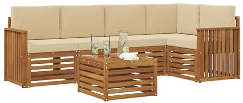 vidaXL Sofagarnituren 6 pcs Natur und Beige Massivholz Akazie, Moderner Outdoor-Sofa, strapazierfähiges Möbel für Garten, Bequeme Lounge-Sitzgruppe für die Terrasse