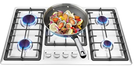 Fornello a gas a 5 fuochi in acciaio inox, piano cottura a gas naturale con regolatore di fiamma, montaggio e accessorio, bruciatore di potenza da 3,3 kW per cucina moderna