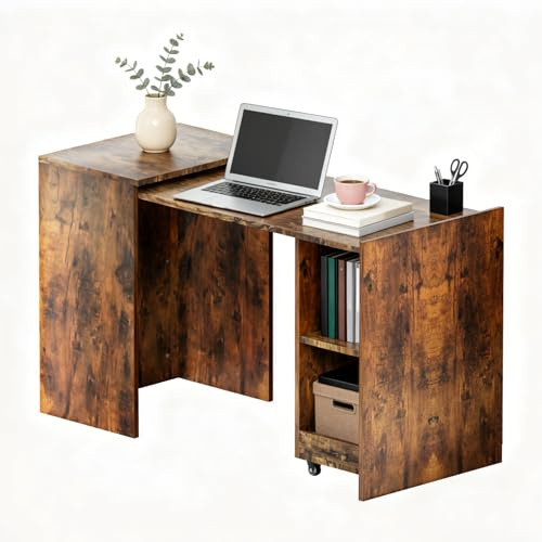 Escritorio Extensible con Espacio de Almacenamiento, Mesa de Ordenador con Ruedas, Mesa de Oficina con 2 Estantes, Escritorio Plegable Para Espacios Pequeños, Plegable 40 x 55 x 73 cm, Pácil Montaje
