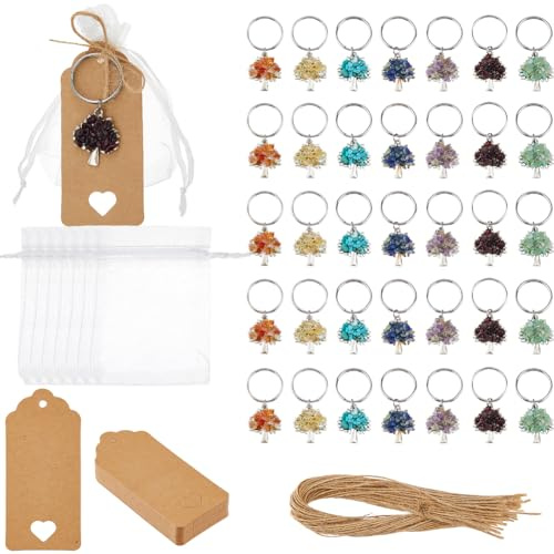 SUPERFINDINGS 35Pcs 7 Colors Tree of Life Keychain Favors Family Reunion Favors Natural Crystal Stones Keychain with Blank Tags Burlap Twines and Organza Bags for Guest Gathering Gifts
