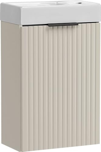 WFL GROUP Waschtisch-Unterschrank mit Integriertem Keramik-Waschbecken – Wandhängend, Geriffelte Soft-Close-Schubladen, Rillenfronten in Kaschmir Matt – 40 cm Breit