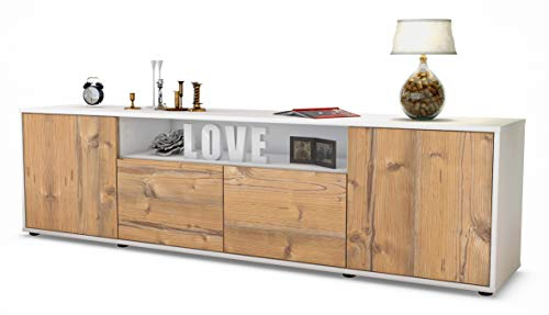 Stil.Zeit TV Schrank Lowboard Arianna, Korpus Weiss matt, Front Holz-Design Pinie (180x49x35cm), mit Push-to-Open Technik