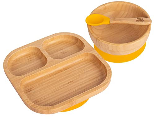 Tiny Dining Baby-Geschirrset - segmentiert - gelb - 3-teilig - geteilter, Rutschfester, selbsternährender Baby-Entwöhnungsteller, Schüssel und Löffel aus Bambus für Babys
