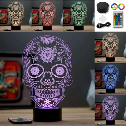 Lampe Illusion 3D Tête de Mort Mexicaine Calavera – Veilleuse LED RGB 16 Couleurs + 4 Modes avec Télécommande – Non Personnalisée – Décoration Dia de los Muertos/Cadeau Original – Made in France