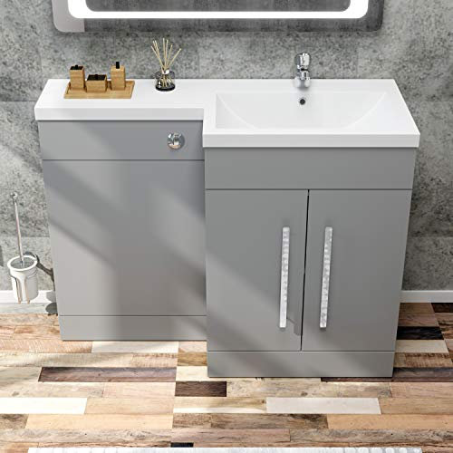 ELEGANT 1100mm L Shape Bathroom Vanity Sink Unit Furniture Storage, Right Hand Matte Grey Vanity unit + Resin Basin + Concealed Cistern