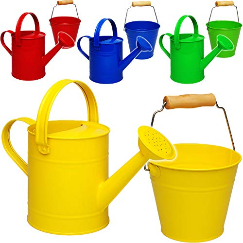 2 TLG. Set: Kleiner - Eimer + Gießkanne - Metall - bunter Farb-Mix - 1,5 Liter - Blech Kindereimer Blecheimer/Metalleimer Sandeimer/Kindereimer Garteneime..