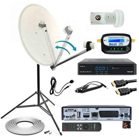 Kit Parabole Acier 80cm Bras Repliable + Récepteur SERVIMAT Vega 3 + LNB Single 0.1dB+ 10m Câble Coaxial + Trepied.