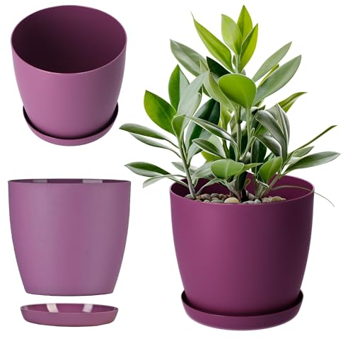 KADAX Pot de Fleurs en Plastique avec Soucoupe et Finition Mate Élégante, Cache-Pot pour Une Décoration Intérieure Raffinée et Moderne (16 cm, Violet)