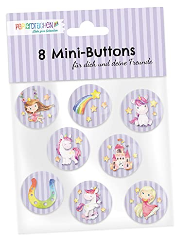 Papierdrachen 8 Mini Buttons (25mm) als Give Away für den Kindergeburtstag | Dekoration für Mäppchen oder Schulranzen | Geschenk zur Einschulung - Design Einhorn - Set 2
