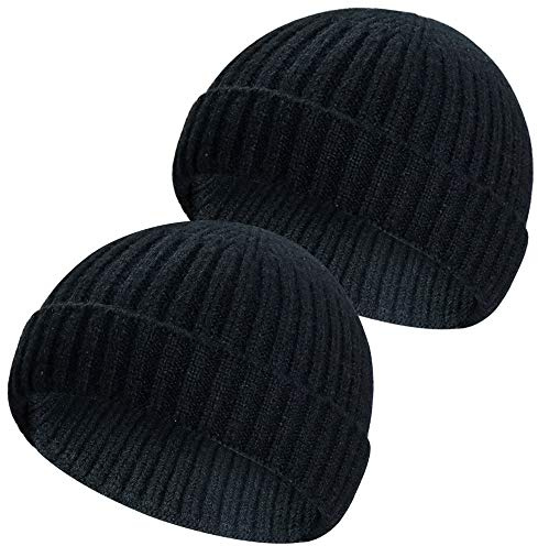 2 Stück Winter Wolle Strickmütze Trawler Beanie Mütze Kurze Fischermütze Skullcap Knit Beanie Cap für Herren/Damen, schwarz/schwarz, Einheitsgröße