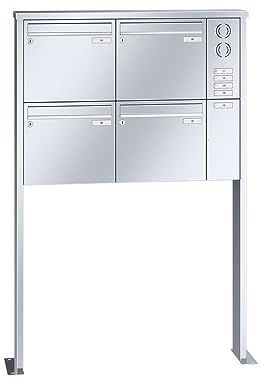 RENZ/Tetro / 4er Freistehende Briefkastenanlage Standbriefkasten mit Sprechfeld / V4A-Edelstahl/Volumen 17 L/mit Fußplatten/Dein-Briefkasten.de