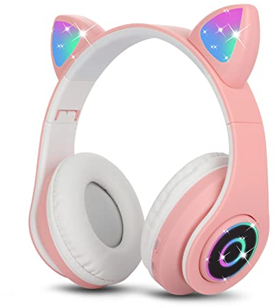 Sendowtek Bluetooth Kopfhörer für Kinder Mädchen Over Ear Niedlich Katzenohren LED Licht Kabellos Kopfhörer für Kinder Jungen Erwachsene Tablet/PC/Phone
