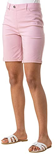 Roman Stretch Shorts for Women UK Ladies Pull On Turned Hem Cut Off Bengaline Mom Boyfriend Boy Denim Casual Cropped Pants Capri Slim Fit Turn Up Summer Crops Mother - Pink - Size 14