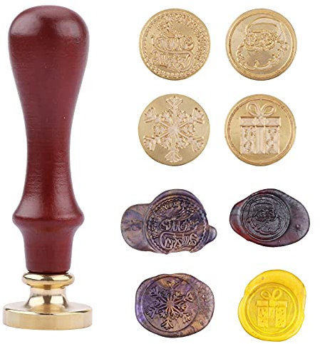 Wachs Siegel Stempel 4 Stück mit 1 Holzgriff, Weihnachtsmotiv Muster Siegelstempel für Scrapbook Geschenkumschläge Karten Brief Einladung Kunsthandwerk