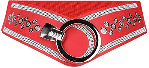 irisaa breiter Damen Gürtel Taillengürtel mit Strass, Hüftgürtel Stretch Gürtel One Size, Damen Taillengürtel 2020:Rot Löcher