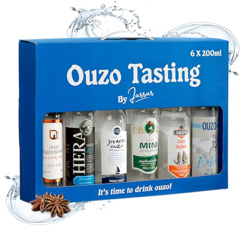 Jassas Ouzo Tasting Set 6x200ml Variante 2 - Probierset mit 6 Sorten - feinste Spirituosen in praktischer Geschenkbox - traditioneller Familienbetrieb