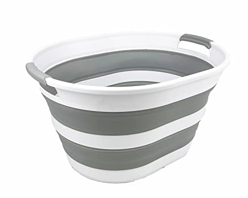 SAMMART Wäschekorb aus Kunststoff, zusammenklappbar, 23 l, ovale Wanne/Korb – faltbarer Aufbewahrungsbehälter/Organizer – tragbare Waschwanne – platzsparender Wäschekorb (1, Weiß/Grau)