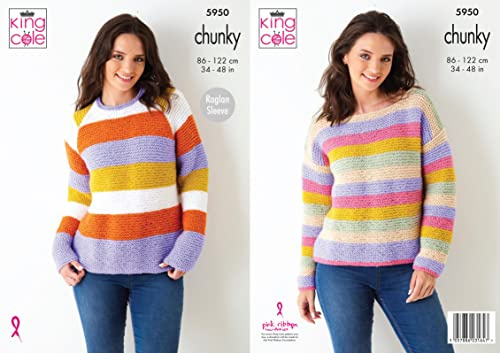 King Cole 5950 Knitting Pattern Womens Striped Sweaters in Big Value Chunky