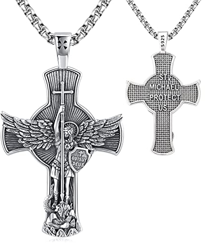 Erzengel Michael Halskette 925 Sterling Silber Anhänger Kreuz Herren Halskette Michaels Religiöser Amulett Schmuck Herren Damen Geschenke Ketten aus rostfreiem Stahl